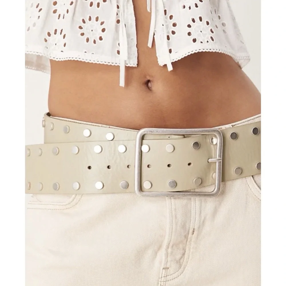 Free People Hex Stud Leather Hip Belt Matcha Green S/M Wide Studded NWT Y2K